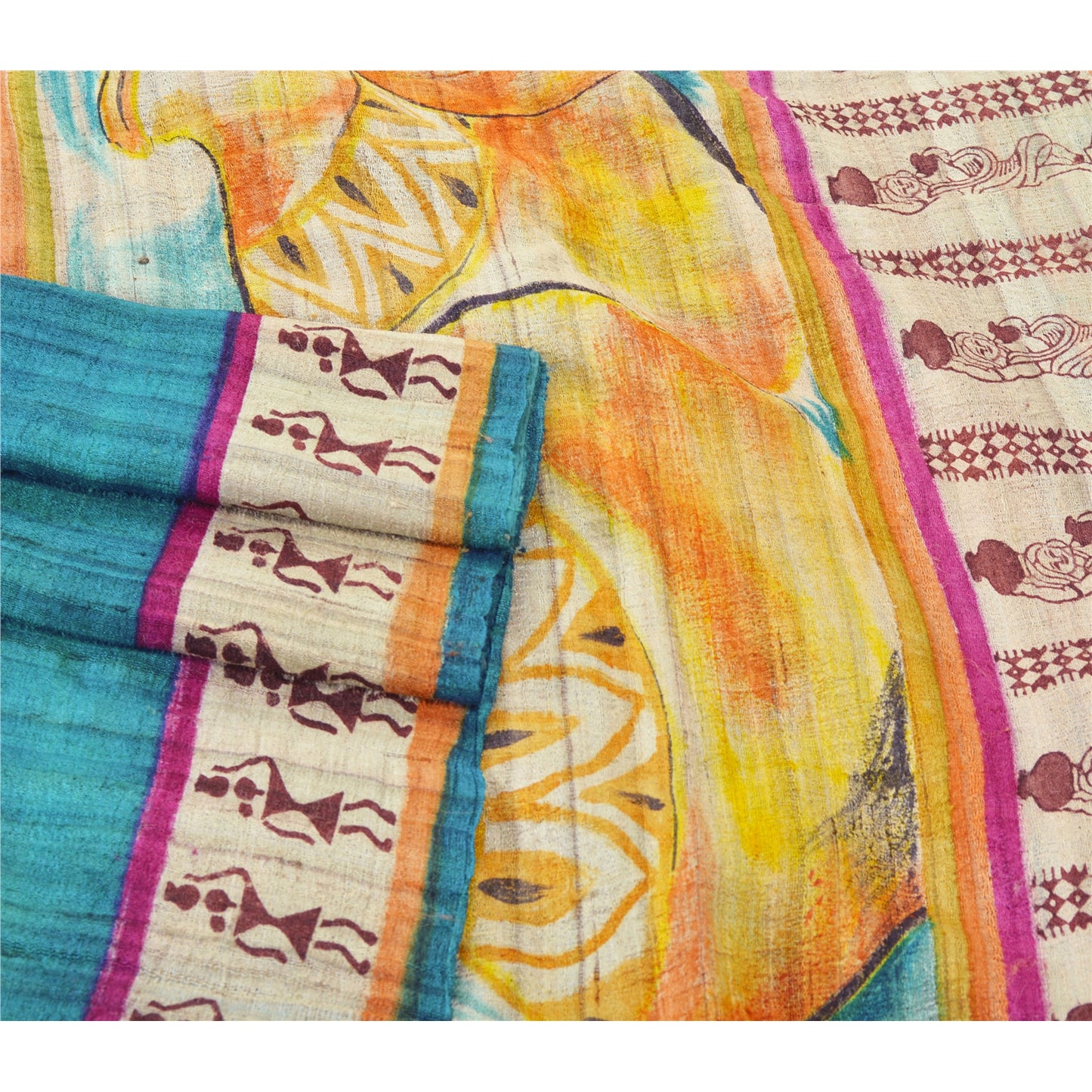 Sanskriti Vintage Teal Blue Heavy Saree Pure Handloom Block Printed Warli Sustainable Fabric Woven Sari