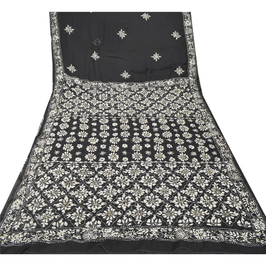 Sanskriti Vintage Black Heavy Sari Georgettte Sustainable Fabric Phulkari Saree Blouse Piece