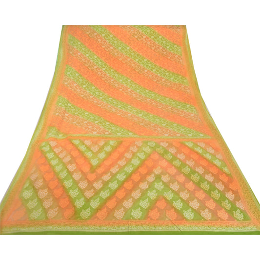 Sanskriti Vintage Orange Heavy Saree 100% Pure Silk Woven Sari Craft 5 Yd Sustainable Fabric