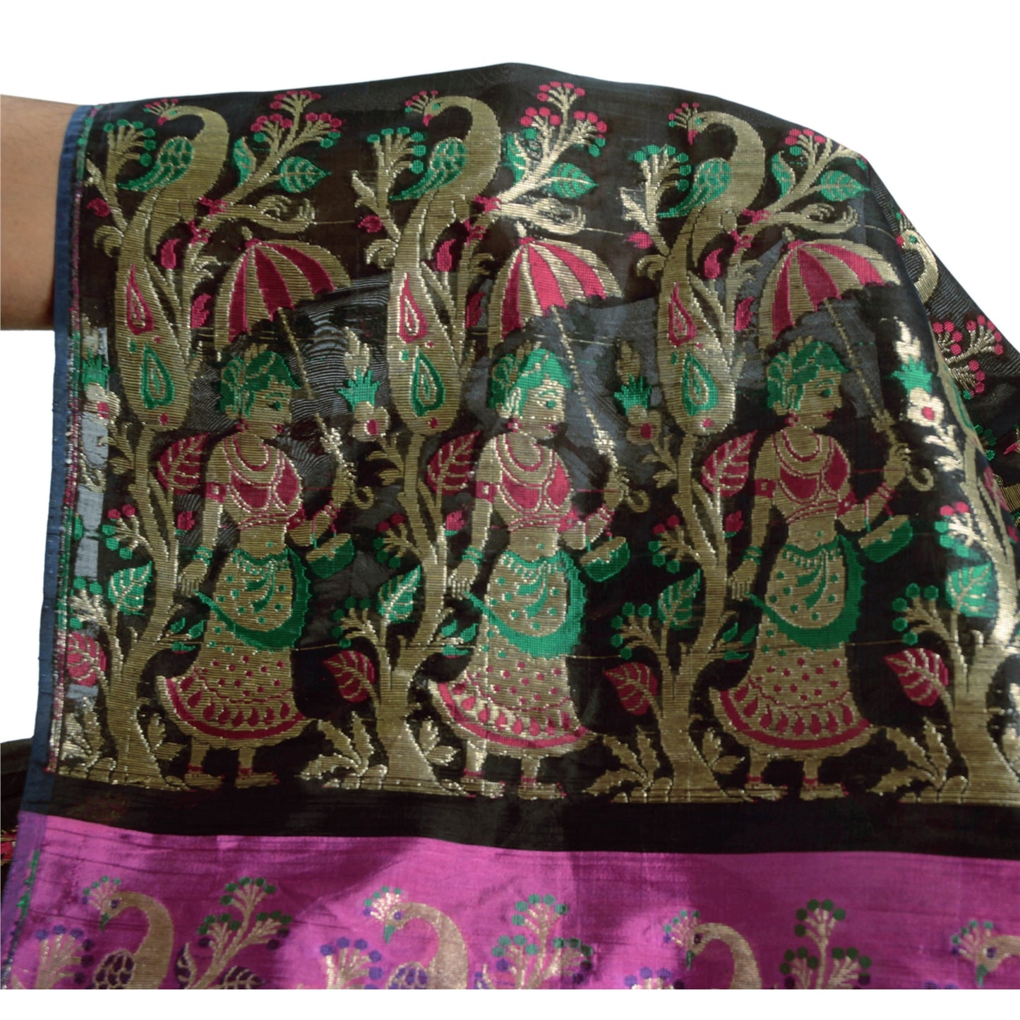 Sanskriti Vintage Heavy Black Saree Art Silk Woven Brocade/Banarasi Sari Sustainable Fabric
