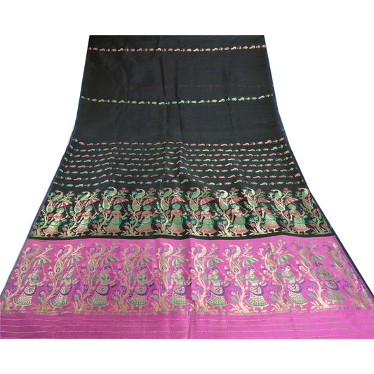 Sanskriti Vintage Heavy Black Saree Art Silk Woven Brocade/Banarasi Sari Sustainable Fabric