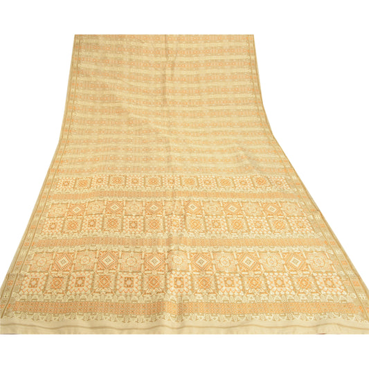 Sanskriti Vintage Ethnic Heavy Cream Saree 100% Pure Silk Woven Sari Sustainable Fabric