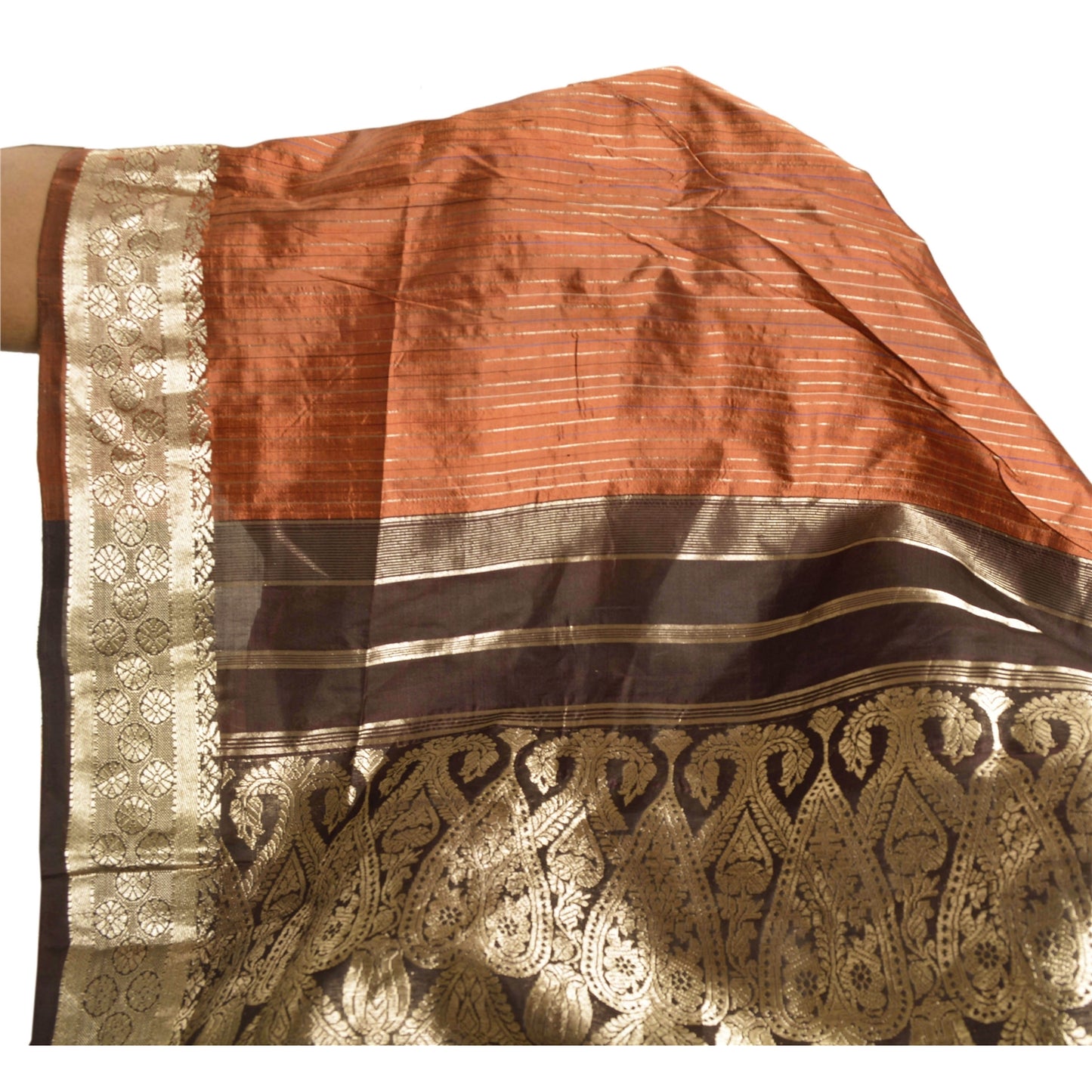 Sanskriti Vintage Heavy Orange Saree Pure Silk Woven Brocade Zari Sari Sustainable Fabric