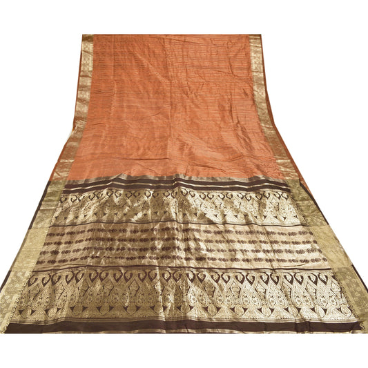 Sanskriti Vintage Heavy Orange Saree Pure Silk Woven Brocade Zari Sari Sustainable Fabric