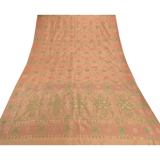 Sanskriti Vintage Cream Heavy Sari 100% Pure Silk Woven Sarees 5 Yard Sustainable Fabric
