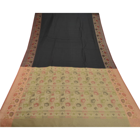 Sanskriti Vintage Heavy Indian Sari Art Silk Black Woven Sarees 5 Yard Sustainable Fabric