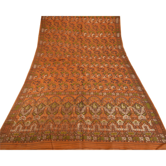 Sanskriti Vintage Heavy Indian Sari Saffron 100% Pure Silk Woven Sarees Sustainable Fabric