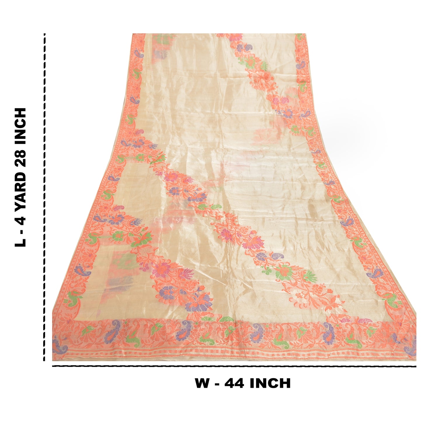 Sanskriti Vintage Cream Sarees 100% Pure Silk Dhakai Work Craft Sustainable Fabric 5 YD Sari