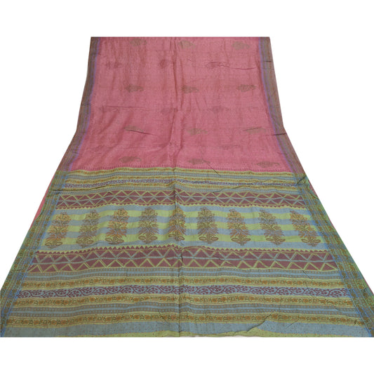 Sanskriti Vintage Pink Heavy Sarees Pure Tussar Silk Block Printed Sari Sustainable Fabric