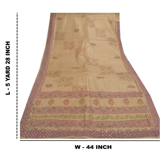 Sanskriti Vintage Cream Heavy Sarees Pure Tussar Silk Hand Crafted Sari Sustainable Fabric
