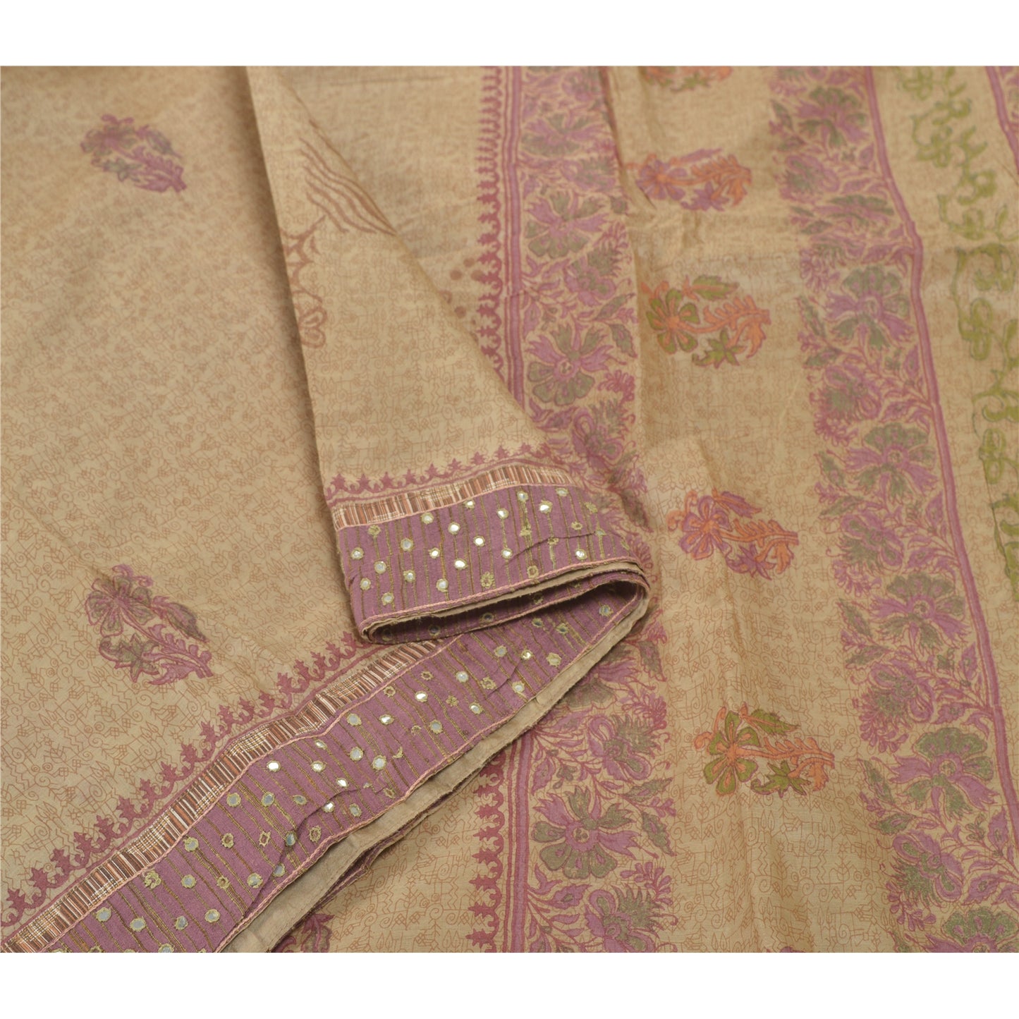 Sanskriti Vintage Cream Heavy Sarees Pure Tussar Silk Hand Crafted Sari Sustainable Fabric