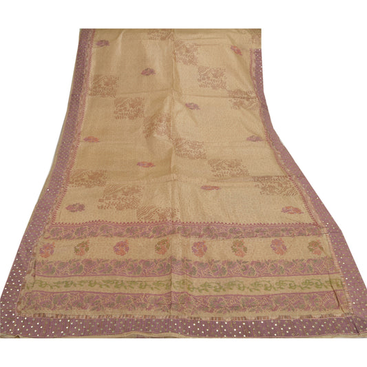 Sanskriti Vintage Cream Heavy Sarees Pure Tussar Silk Hand Crafted Sari Sustainable Fabric