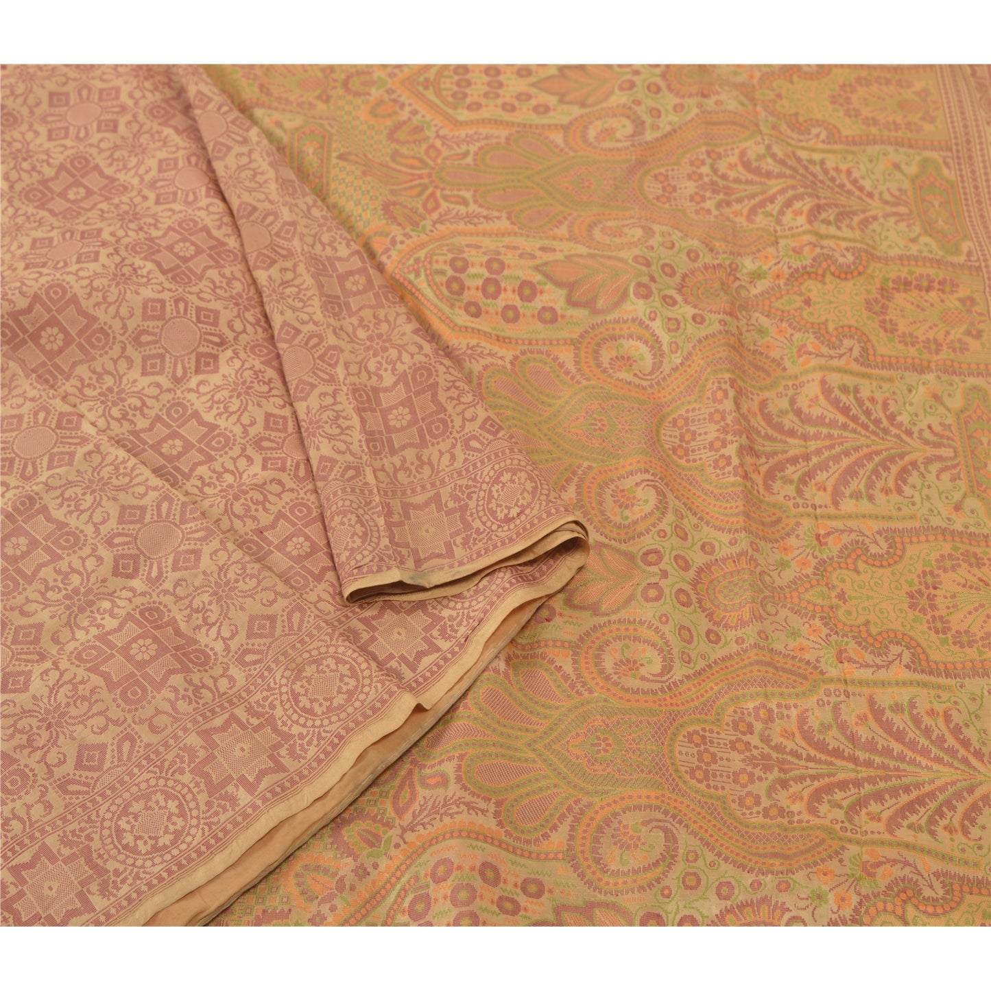 Sanskriti Vintage Cremefarvet Kraftig Indisk Sari 100% Ren Silke Vævet Sarier Bæredygtigt Stoff