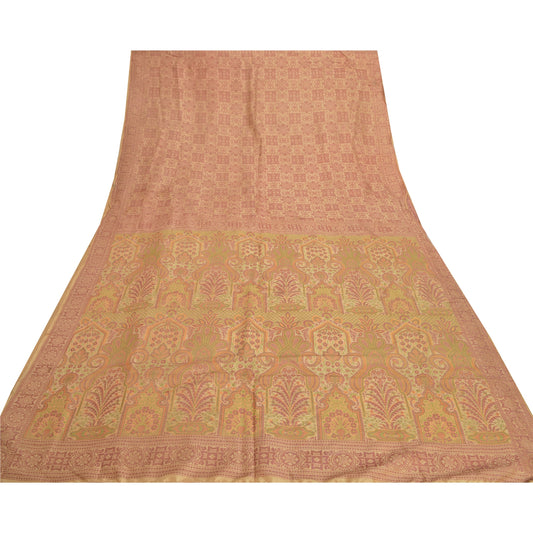 Sanskriti Vintage Cream Heavy Indian Sari 100% Pure Silk Woven Sarees Sustainable Fabric