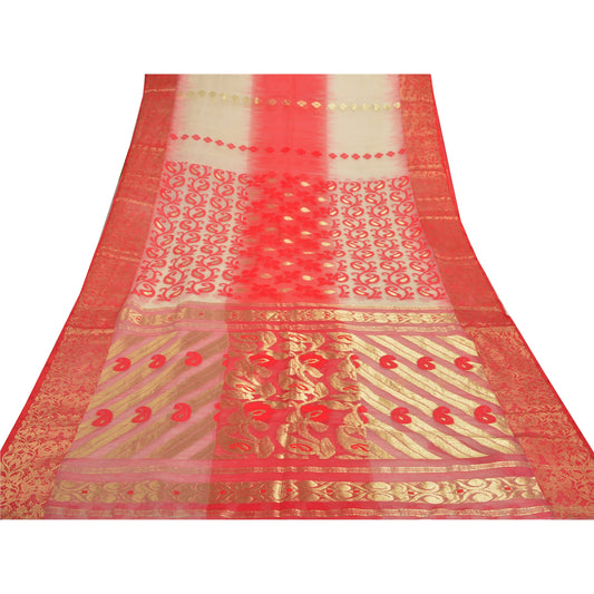 Sanskriti Vintage Red Heavy Wedding Sari Blend Silk Woven Sarees 5 Yard Sustainable Fabric