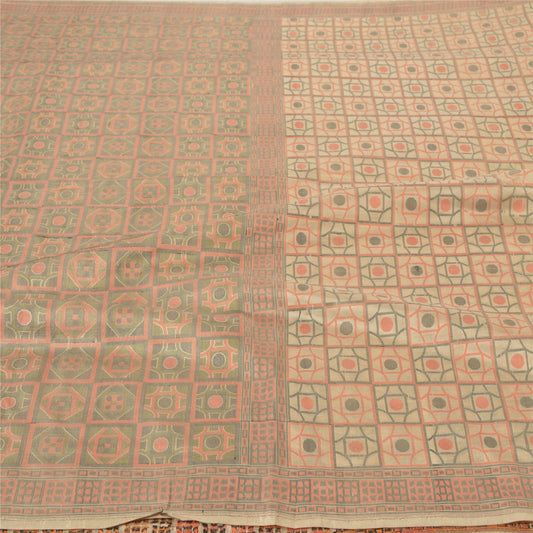 Sanskriti Vintage Cremefarvet Kraftig Sari 100% Ren Silke Vævet Indisk Sari Bæredygtigt Stof