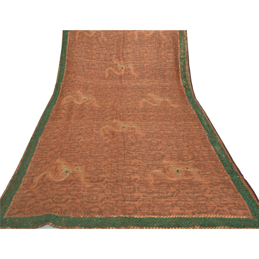 Sanskriti Vintage Heavy Brown Sarees Pure Handloom Silk Handmade Sari Print Sustainable Fabric