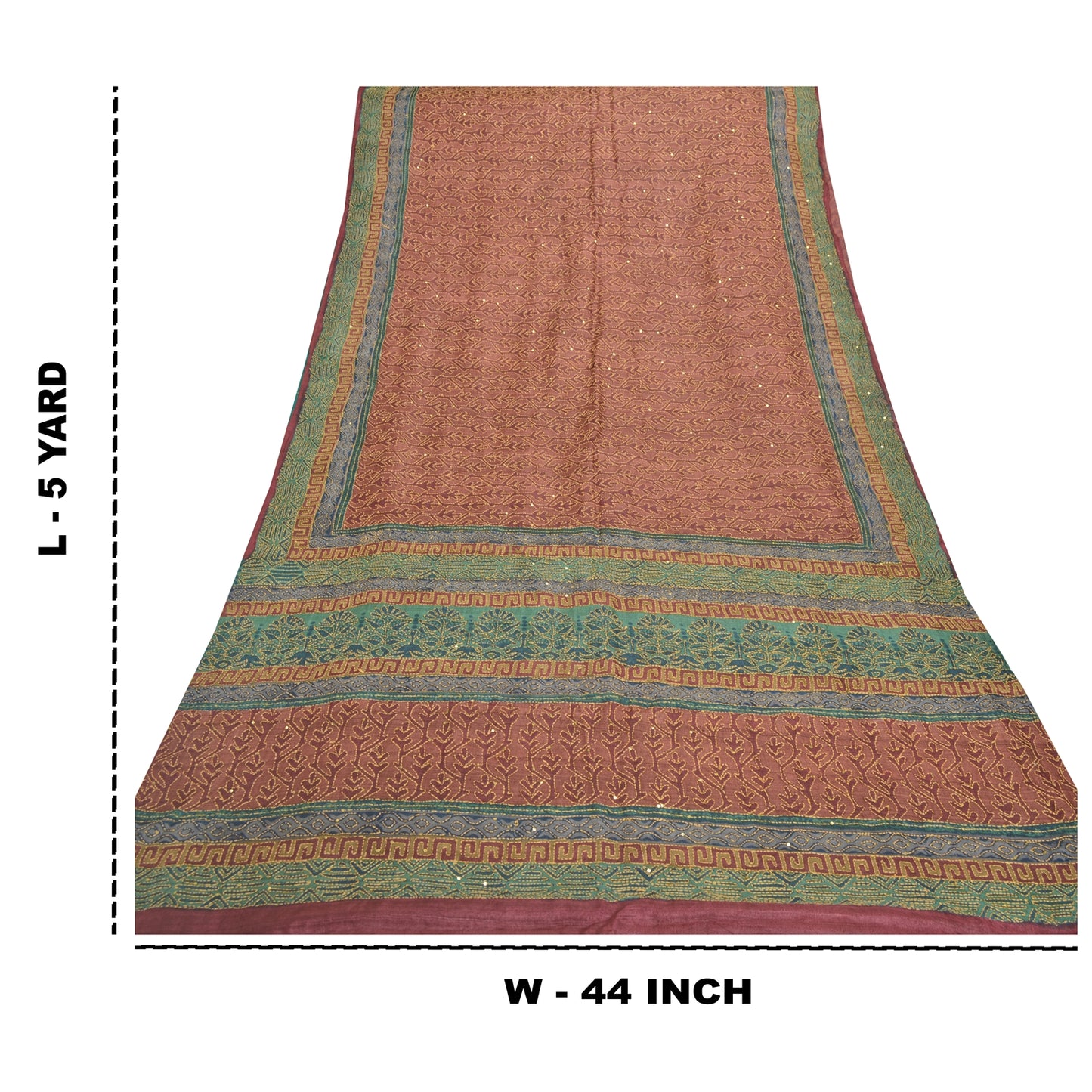 Sanskriti Vintage Brown Heavy Sarees Pure Silk Hand Beaded Kantha Sari Sustainable Fabric