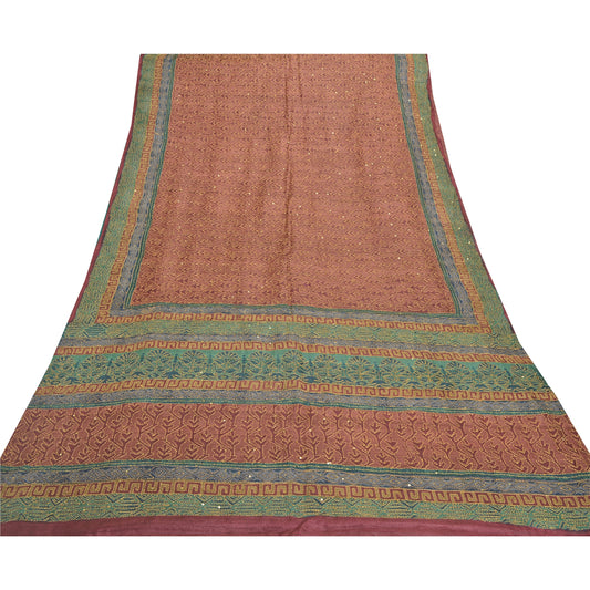 Sanskriti Vintage Brown Heavy Sarees Pure Silk Hand Beaded Kantha Sari Sustainable Fabric