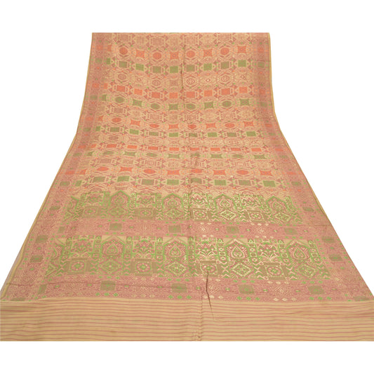 Sanskriti Vintage Beige Heavy Indian Sarees 100% Pure Silk Woven Sari Sustainable Fabric