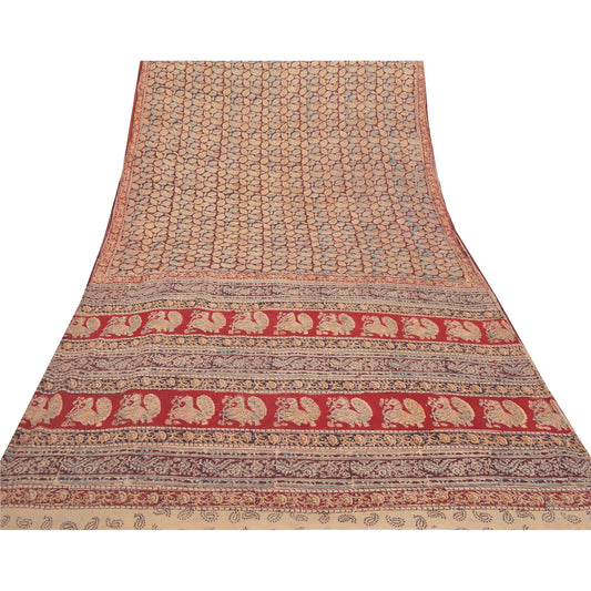 Sanskriti Vintage Brown Heavy Indian Sari Pure Cotton Kalamkari Sarees Sustainable Fabric