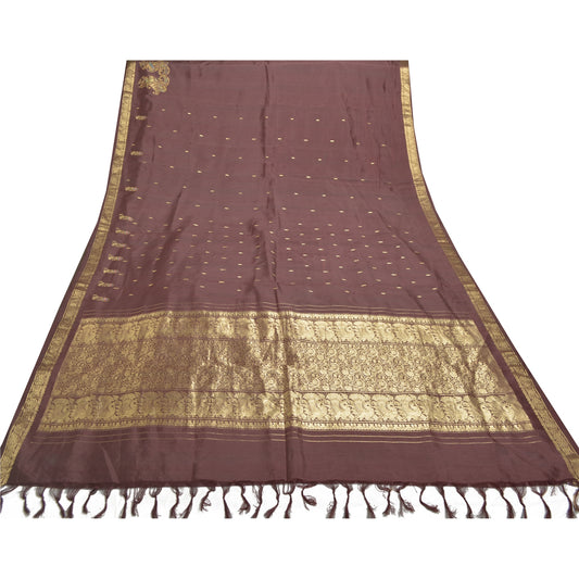 Sanskriti Vintage Heavy Wedding Sarees Pure Silk Brown Woven Brocade Sari Sustainable Fabric