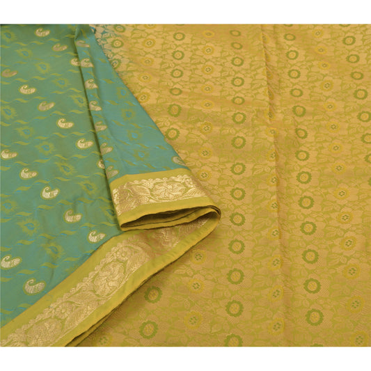 Sanskriti Vintage Heavy Wedding Sari Art Silk Green Woven Brocade Sarees Sustainable Fabric