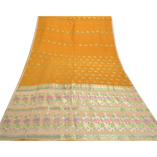 Sanskriti Vintage Heavy Indian Sari 100% Pure Silk Mustard Woven Sarees Sustainable Fabric