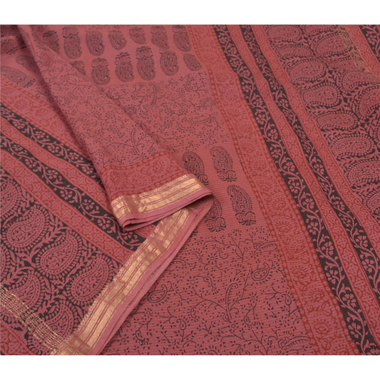 Sanskriti Vintage Purple Heavy Sarees 100% Pure Cotton Block Print Sari Sustainable Fabric