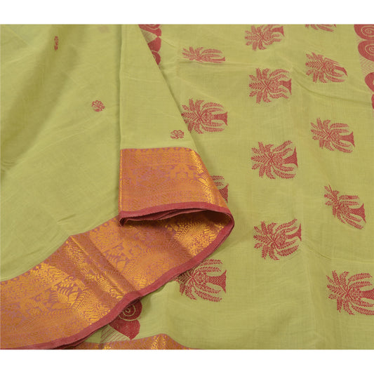 Sanskriti Vintage Green Heavy Indian Sari 100% Pure Cotton Woven Sarees Sustainable Fabric
