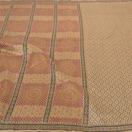 Sanskriti Vintage Heavy Cream Sarees Pure Silk Hand Woven Indian Sari Sustainable Fabric