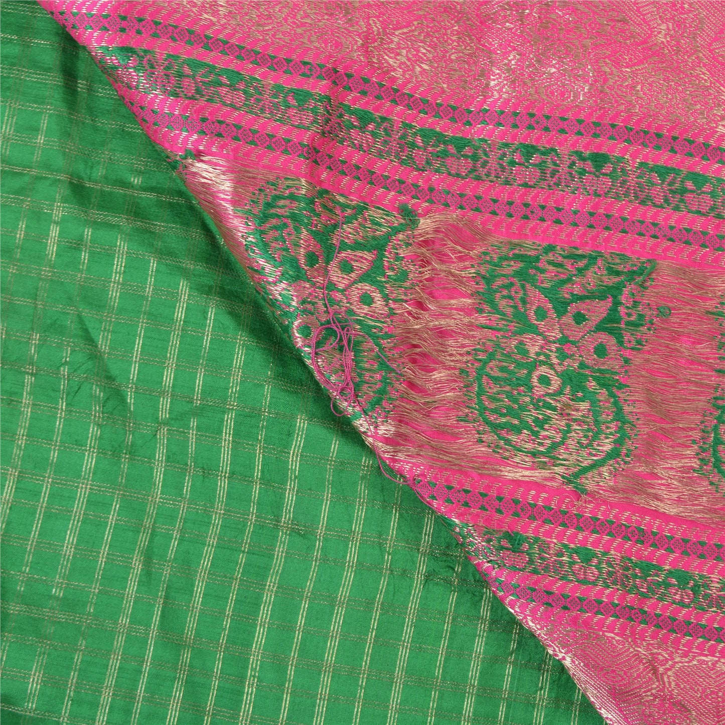 Sanskriti Vintage Heavy Green Sari 100% Pure Silk Woven Brocade Sarees Sustainable Fabric