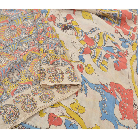 Sanskriti Vintage Heavy Sarees 100% Pure Cotton Kalamkari Peacock Sari Sustainable Fabric