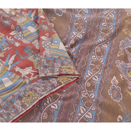 Sanskriti Vintage Heavy Brown Sarees Pure Cotton Kalamkari Animal Sari Sustainable Fabric
