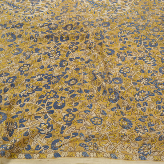 Sanskriti Vintage Heavy Mustard Sarees Pure Cotton Kalamkari Animal Sari Sustainable Fabric