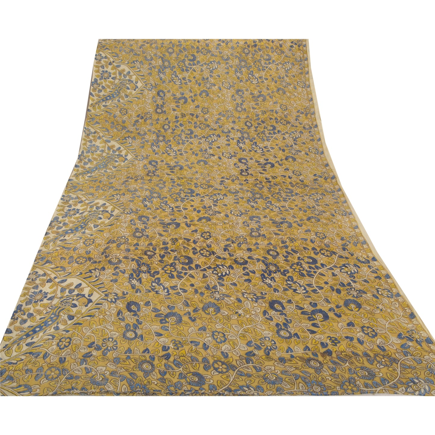 Sanskriti Vintage Heavy Mustard Sarees Pure Cotton Kalamkari Animal Sari Sustainable Fabric