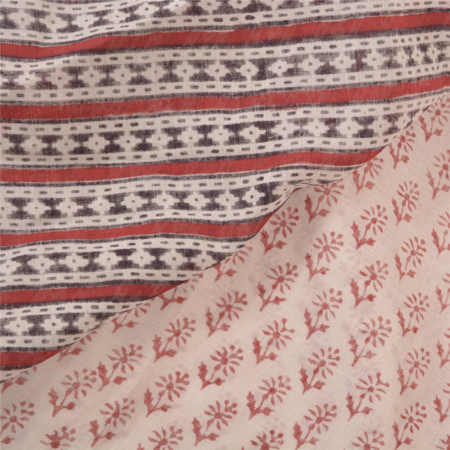 Sanskriti Vintage Off- White Heavy Sari Pure Cotton Block Printed Sarees Sustainable Fabric