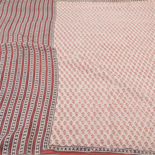 Sanskriti Vintage Off- White Heavy Sari Pure Cotton Block Printed Sarees Sustainable Fabric