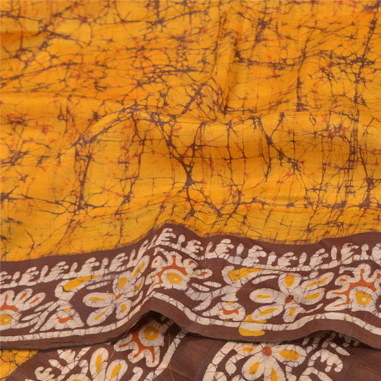 Sanskriti Vintage Yellow Heavy Indian Sari Pure Silk Batik Work Sarees Sustainable Fabric