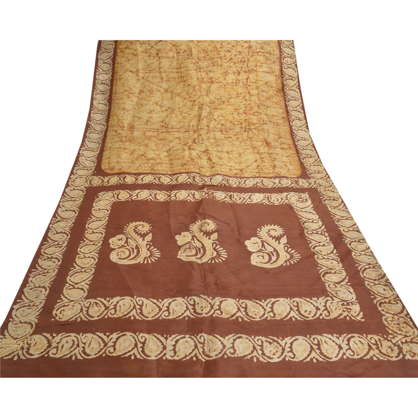 Sanskriti Vintage Creme Tung Indisk Sari Ren Silke Batik Arbejdssarier Bæredygtigt Stof