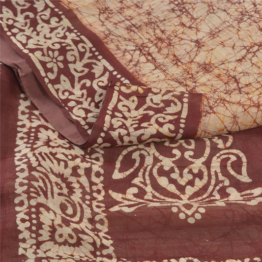 Sanskriti Vintage Batik Work 100% Pure Silk Saree - Cream & Brown Indian Saree - Abstract Pattern Craft Fabric 5yd Boho For DIY Projects