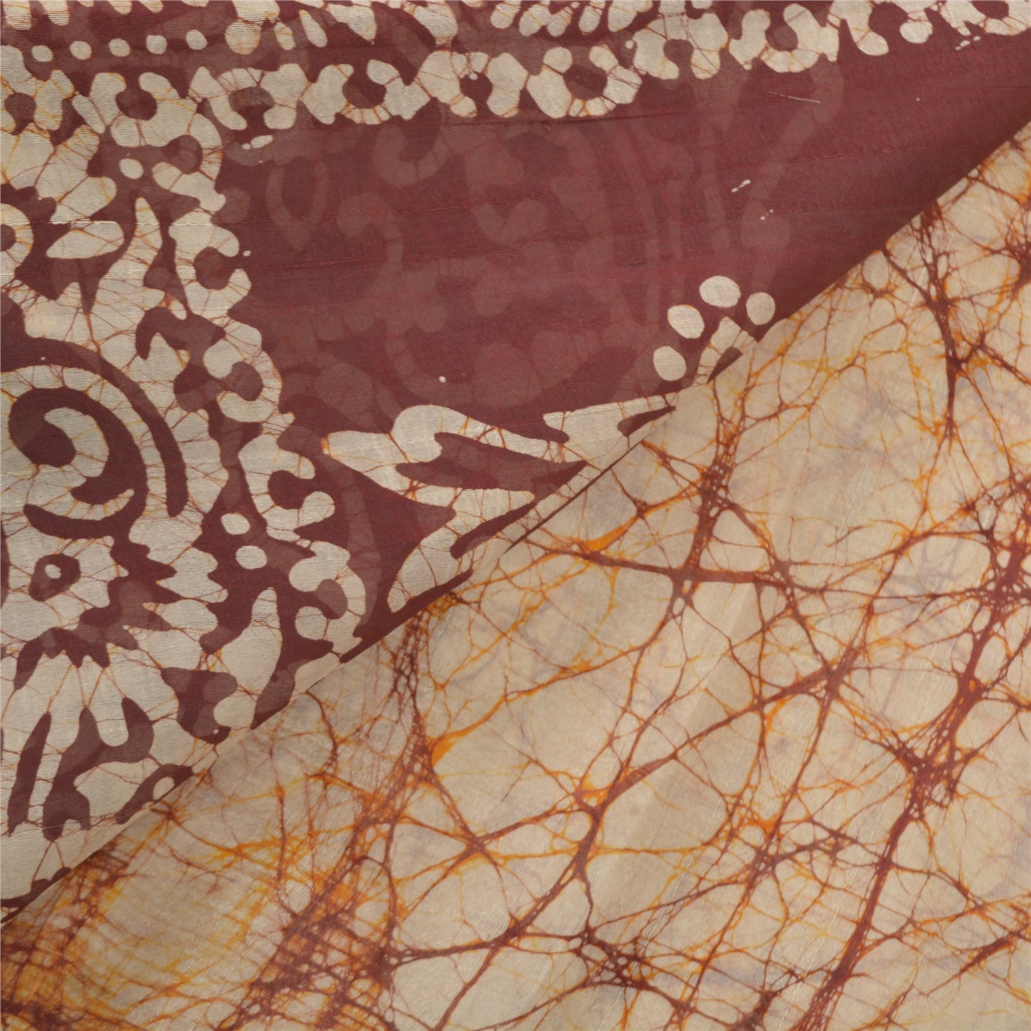 Sanskriti Vintage Batik Work 100% Pure Silk Saree - Cream & Brown Indian Saree - Abstract Pattern Craft Fabric 5yd Boho For DIY Projects