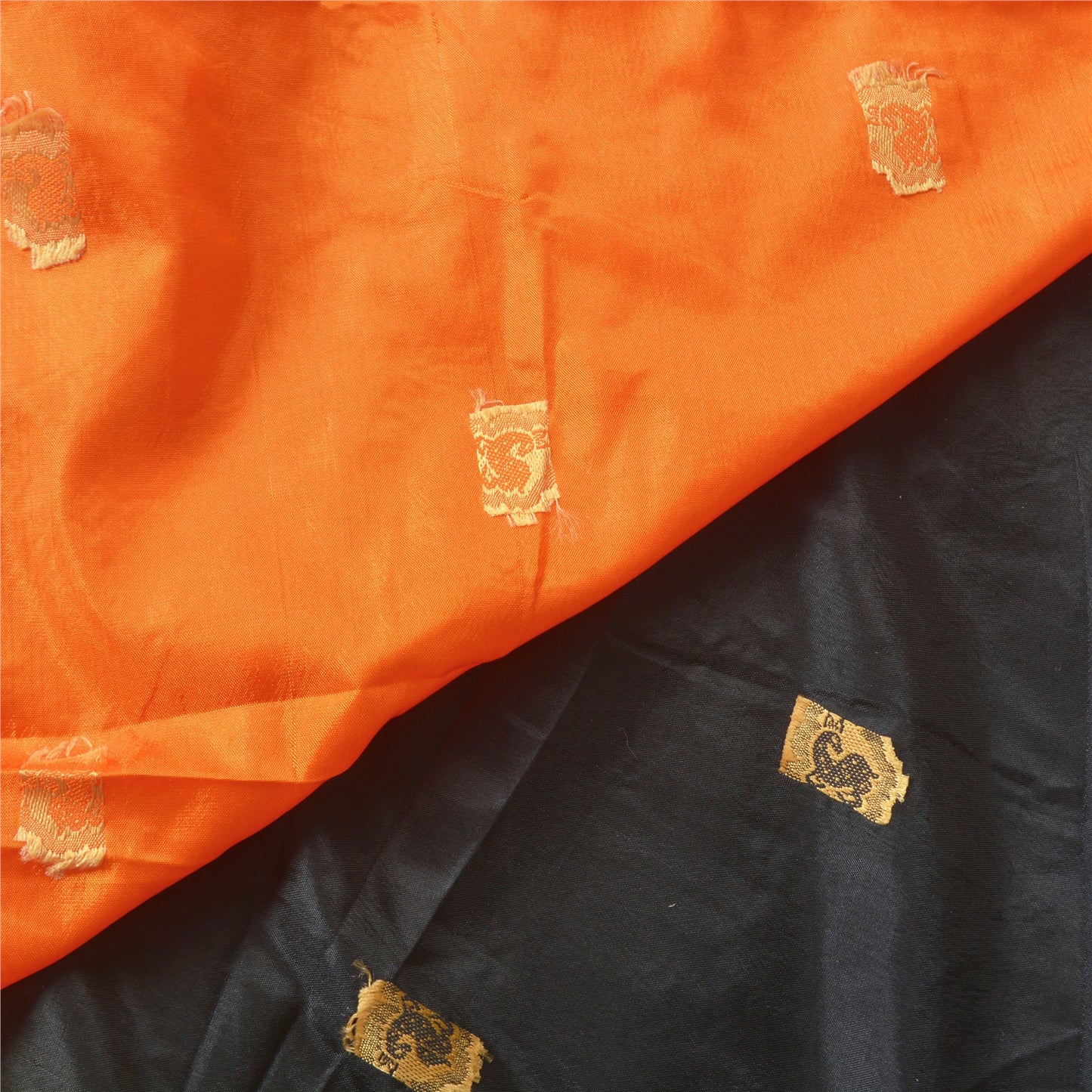 Sanskriti vintage Orange/black Heavy Saree art Silk Woven Brocade Sari Sustainable Fabric