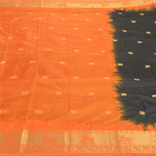 Sanskriti vintage Orange/black Heavy Saree art Silk Woven Brocade Sari Sustainable Fabric