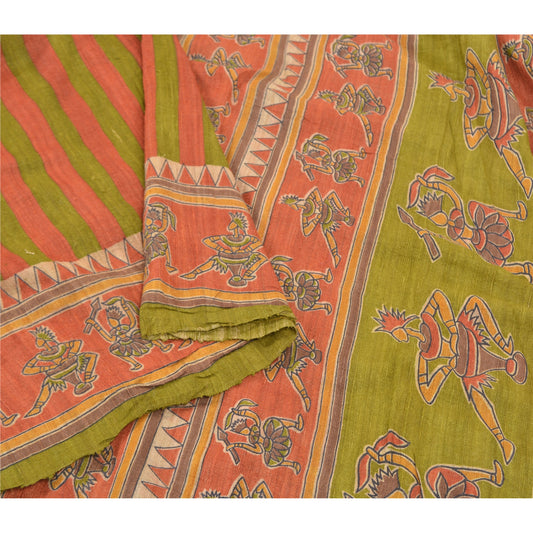 Sanskriti Vintage Heavy Green Sarees Pure Handloom Silk Print/Woven Sari Sustainable Fabric
