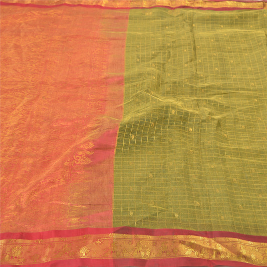 Sanskriti Vintage Heavy Red South Koorai Sarees Pure Silk Hand-Woven Sari Sustainable Fabric