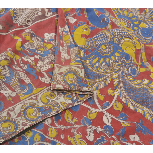Sanskriti Vintage Heavy Indian Sarees Pure Cotton Kalamkari Peacock Sari Sustainable Fabric