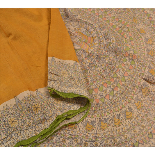 Sanskriti Vintage Heavy Mustard Sarees Pure Silk Madhubani Printed Sari Sustainable Fabric