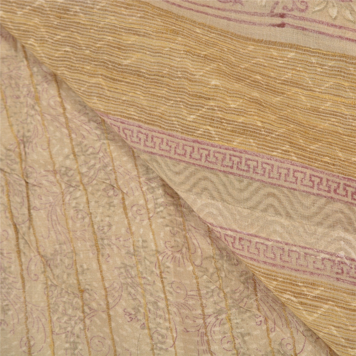 Sanskriti Vintage Heavy Elfenbensfarvede Sarier 100% Ren Silke Trykt Sari 5 Yard Bæredygtigt Stof