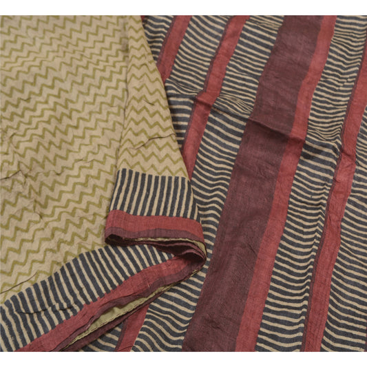 Sanskriti Vintage Heavy Sarees 100% Pure Tussar Silk Ivory Printed Sari Sustainable Fabric